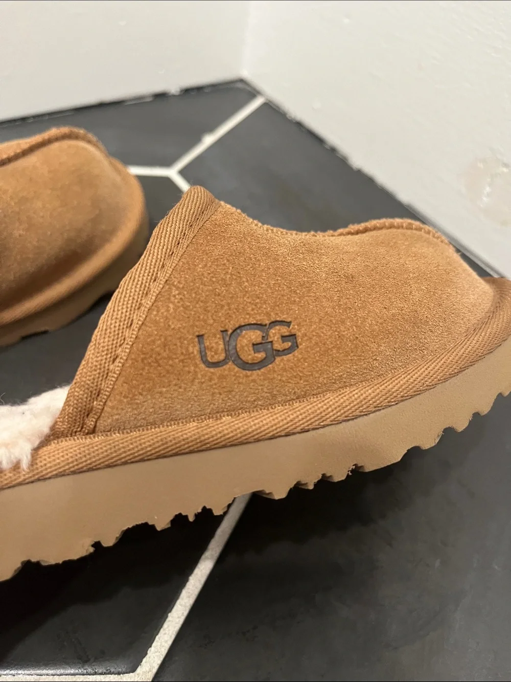 UGG Chestnut Suede Shearling Clog Slippers